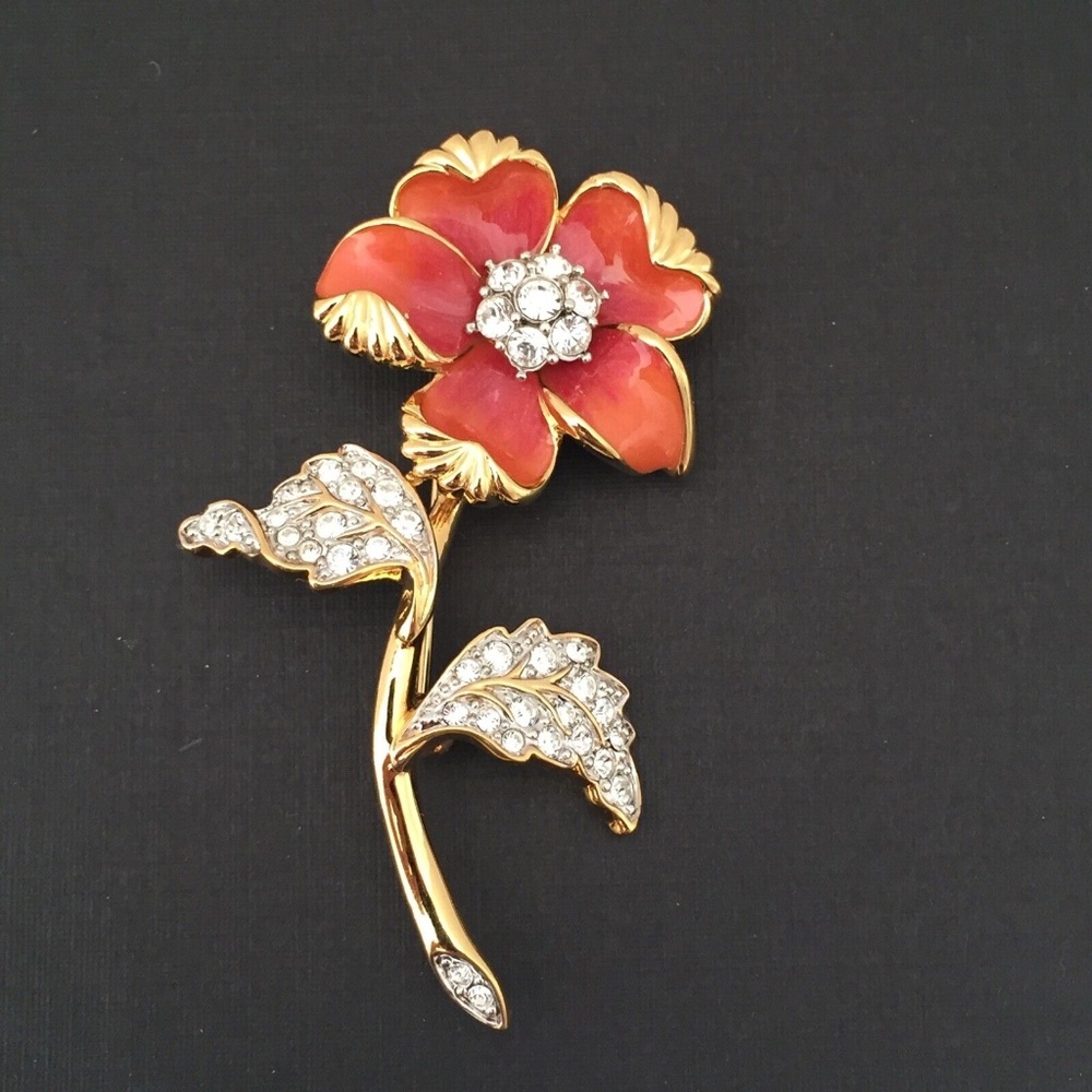 Nolan Miller Brooch Pin Flower Gold Tone Crystals Red-Orange Enamel Signed